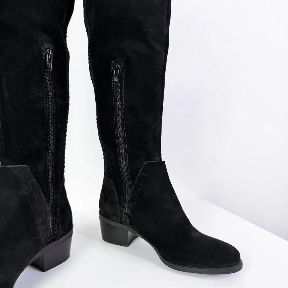 Vince Camuto Braided Leather Suede Tall Over The Knee High Boots Black 5.5 NEW